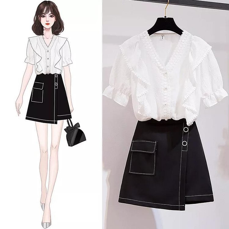 Elegant V-Collar Tee+Pocket Skirt P11417