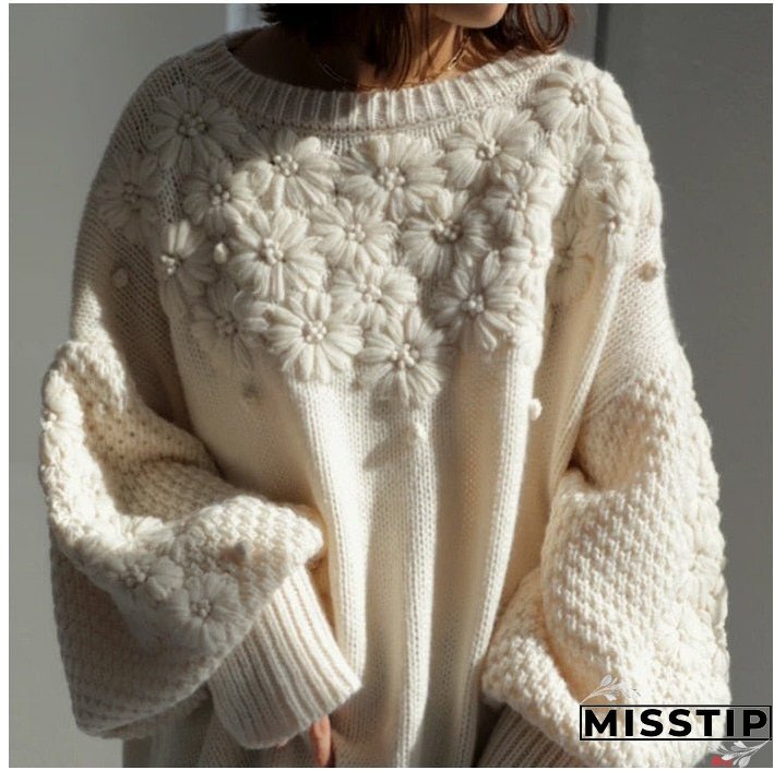 Thanksgiving Gift Vintage Daisy Embroidery Sweaters Women Korean Style Loose Lantern Sleeves Knit Pullovers Female Autumn Winter Thick Warm Jumper