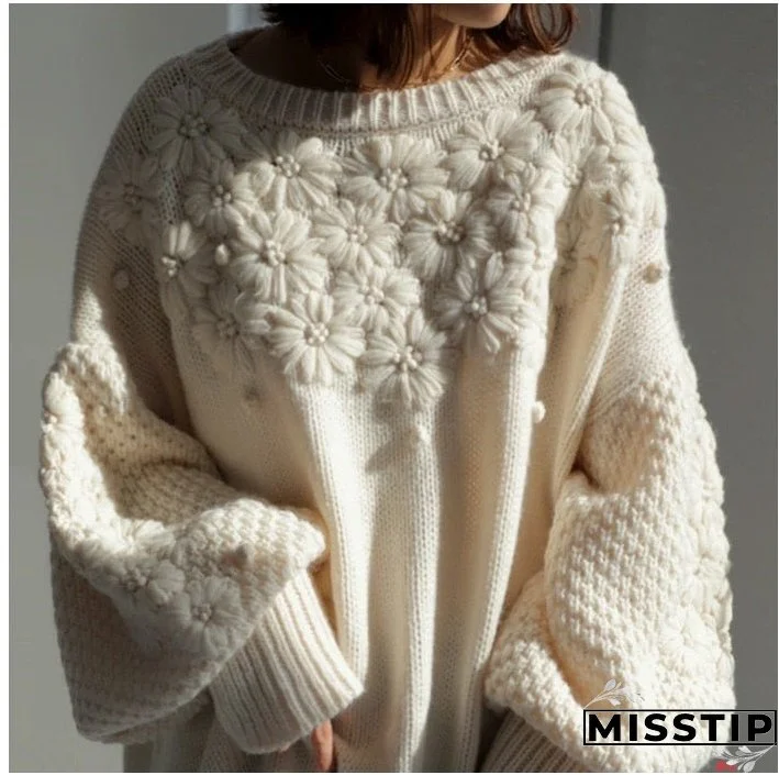 Thanksgiving Gift Vintage Daisy Embroidery Sweaters Women Korean Style Loose Lantern Sleeves Knit Pullovers Female Autumn Winter Thick Warm Jumper