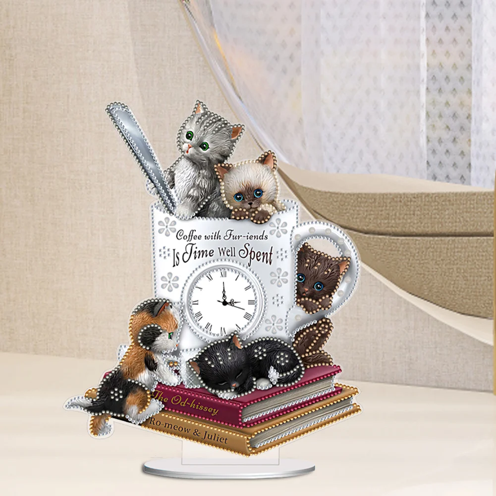 DIY Cat Teacup Acrylic Special Shaped 5D Diamond Painting Clock Art Craft