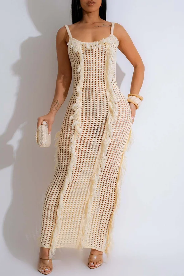 Beach Knit Fringed Maxi Dress