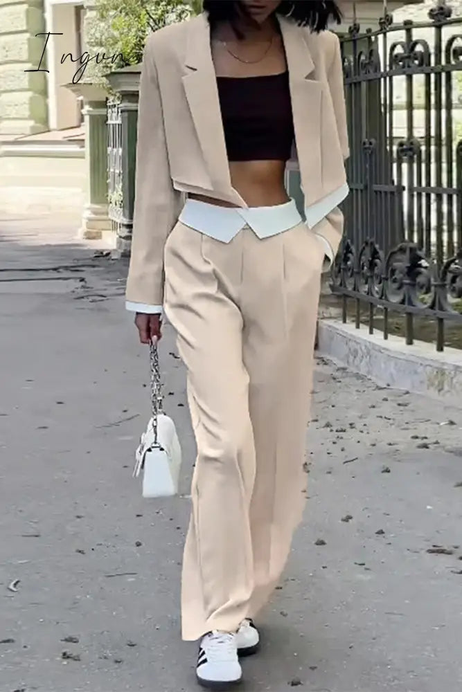 Ingvn - Casual Solid Patchwork Turndown Collar Long Sleeve Two Pieces Apricot / S Pieces/Two-Piece