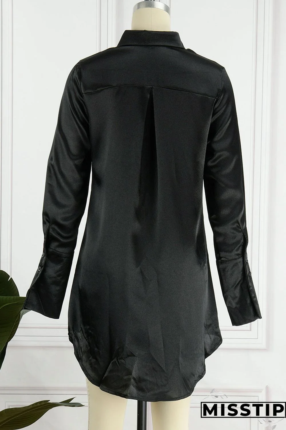 Black Casual Solid Patchwork Buckle Turndown Collar Tops