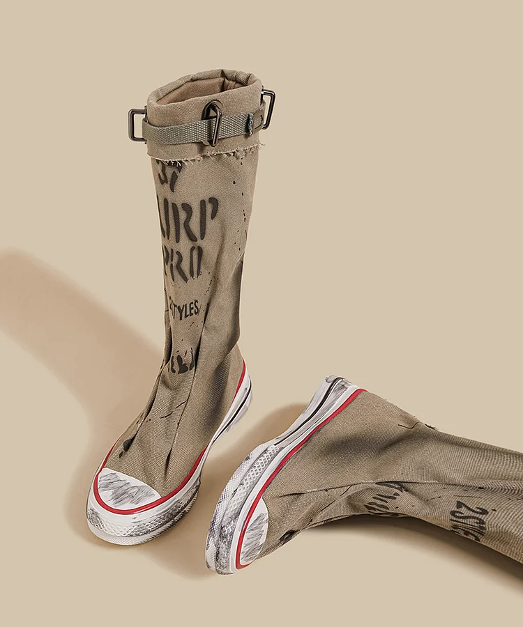 Khaki Canvas Graffiti Splicing Casual Boots