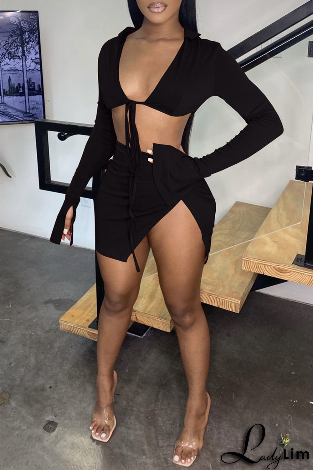 Yellow Fashion Sexy Solid Bandage Slit V Neck Long Sleeve Two Pieces