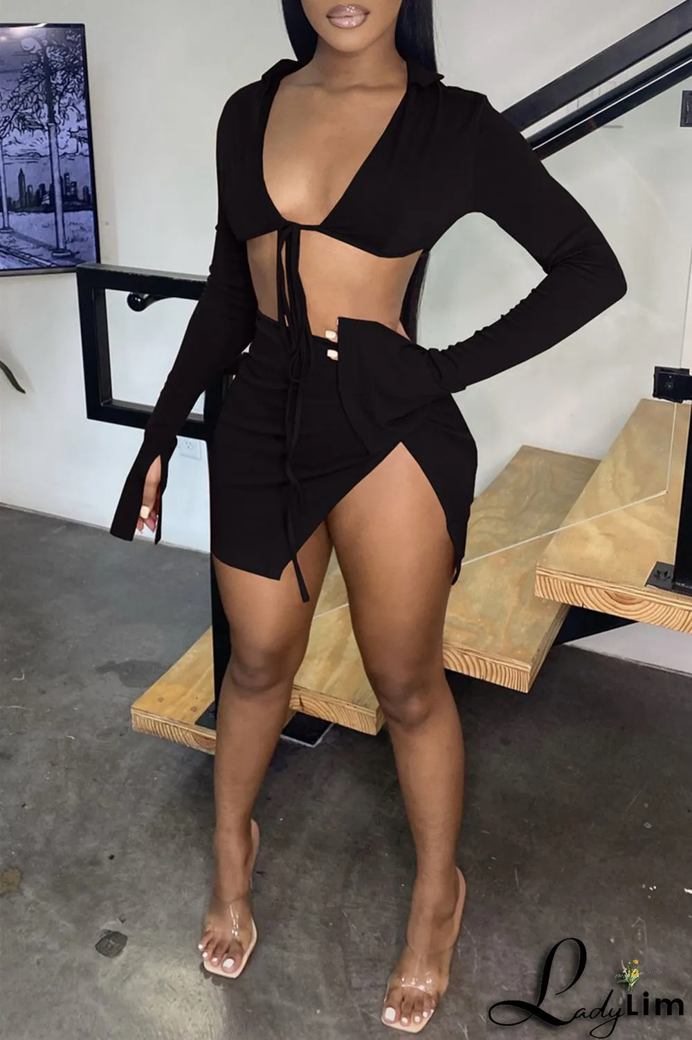 Yellow Fashion Sexy Solid Bandage Slit V Neck Long Sleeve Two Pieces