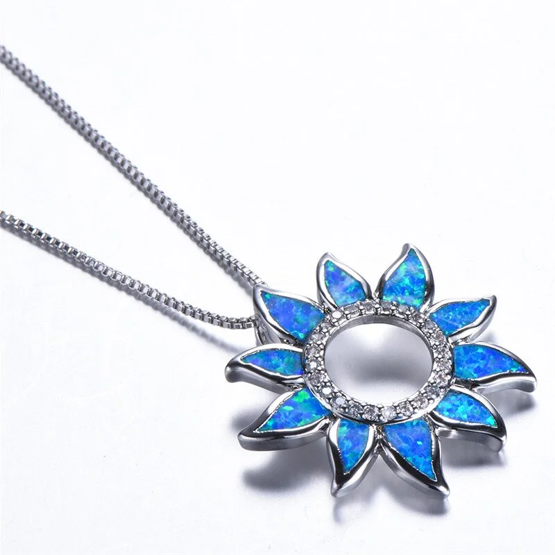 Boho Female Blue Opal Pendant Necklace Simple Silver Color Chain Necklaces For Women Charm Hollow Sun Flower Wedding Necklace