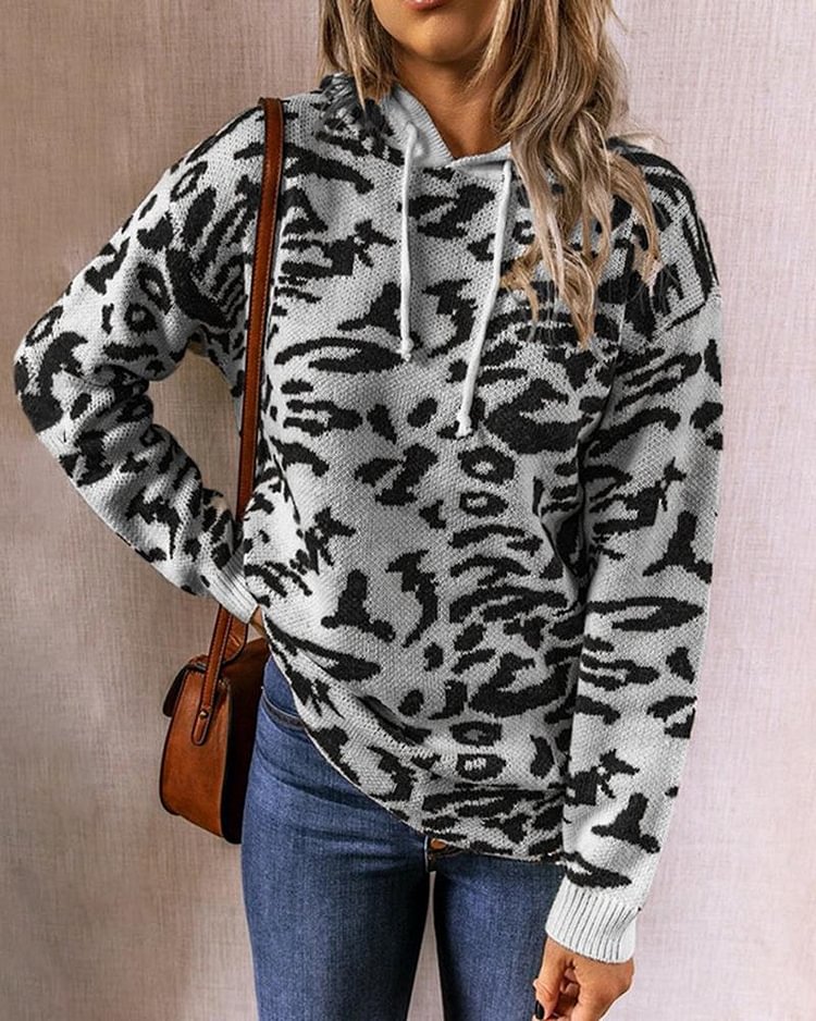 Leopard Print Rib-Knit Drawstring Hooded Sweater - Shop Trendy Women's Clothing | LoverChic