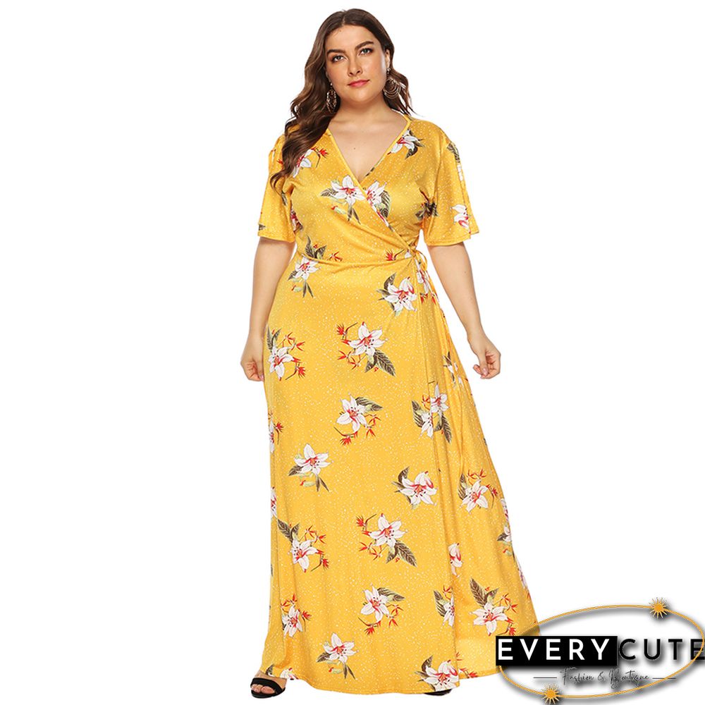 Yellow Floral Print Short Sleeve Plus Size Maxi Dress