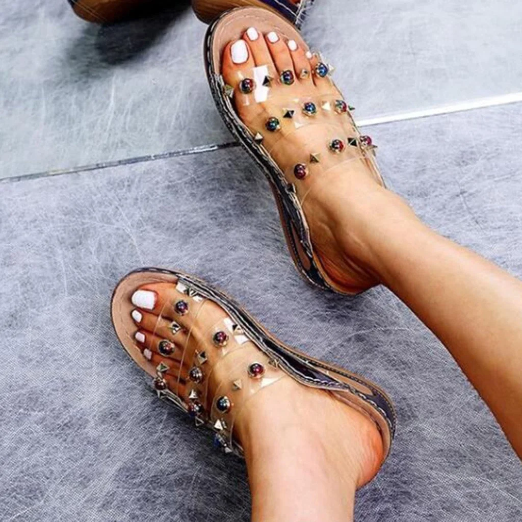 Womens Transparent Sandals Summer Beach Shoes Flip-Flops Open Toe Rhinestone Casual Beach Shoes Flats Bohemian Sandals