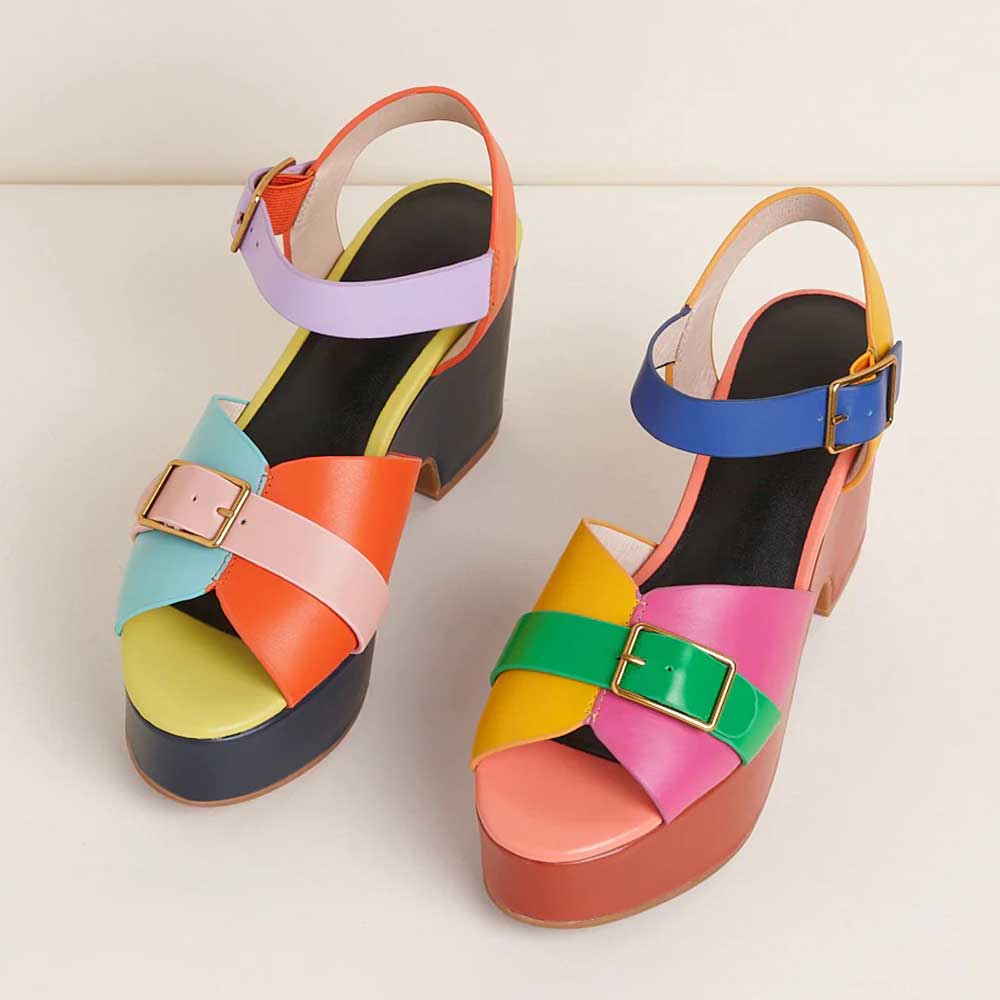 Multi-Color Platform Peep Toe Ankle Strap Buckle Heeled Sandals Nicepairs