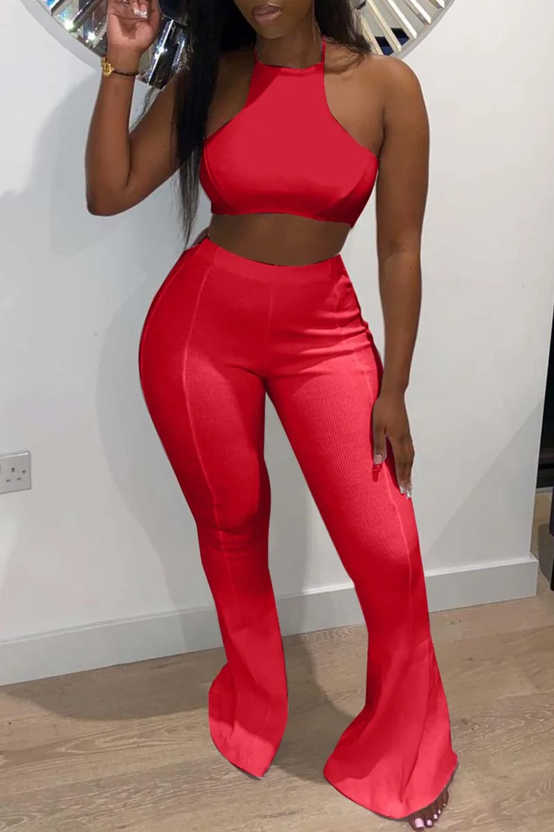 Red Sexy Casual Solid Backless Strap Design Halter Sleeveless Two Pieces | EGEMISS