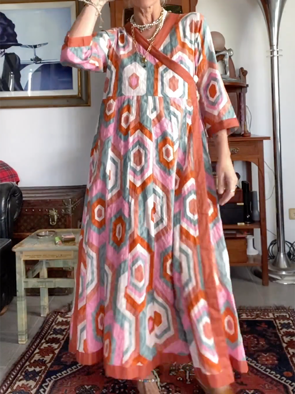 Floral Printed Half Sleeves Loose V-Neck Maxi Dresses