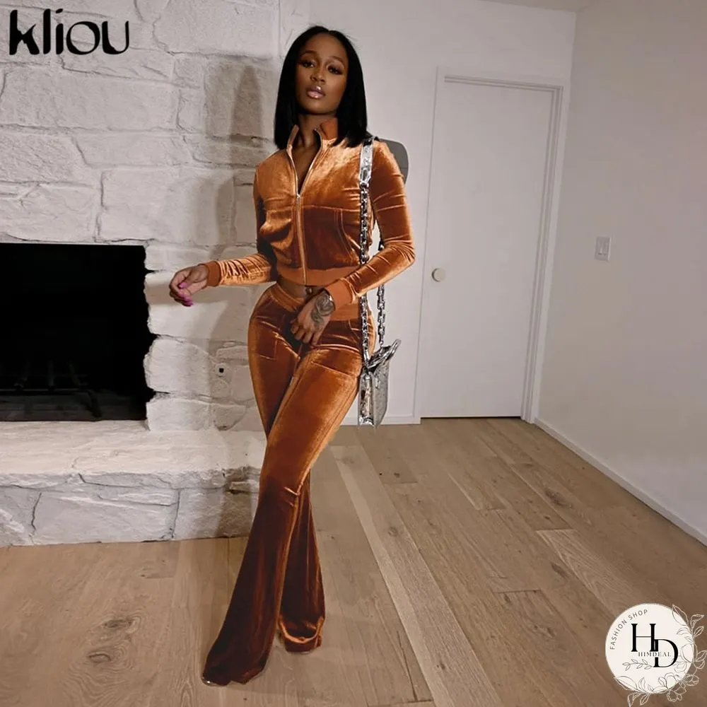 Kliou Solid Velour Two Piece Set Women Simple Casual Zipper Long Sleeve Turtleneck