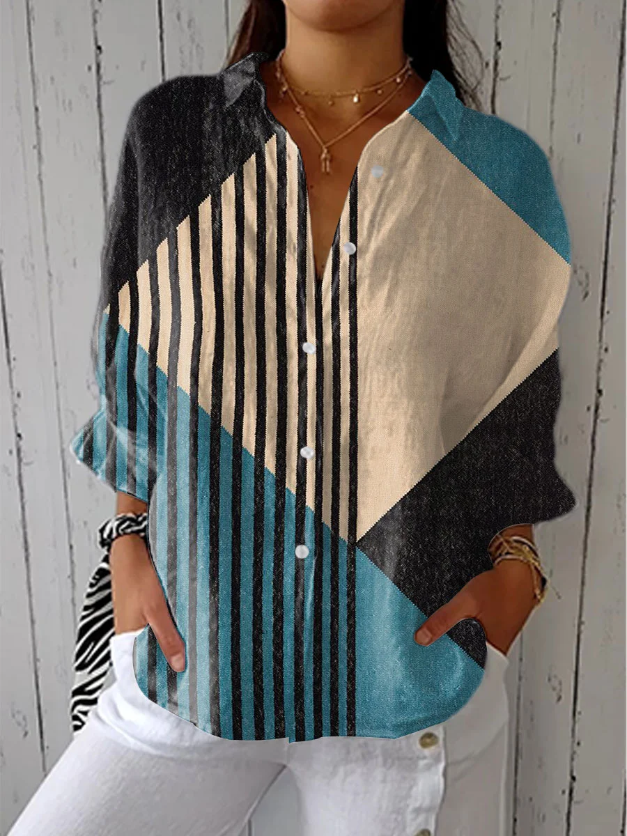 Women's Vintage Abstract Geometry Art Print Casual Linen V-neck Shirt
