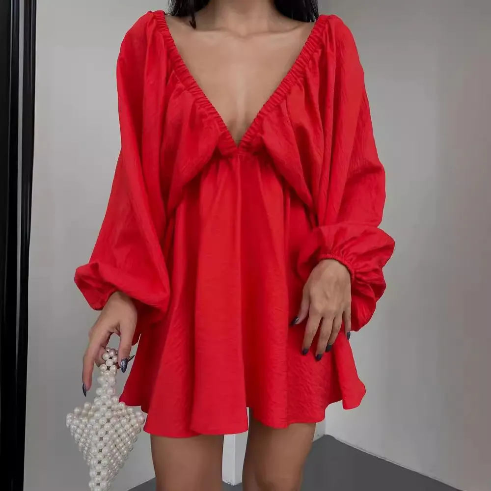 Nigikala Nigikala New V-Necked Long-Sleeved Dress Independent Design Bubble Sleeve Dress