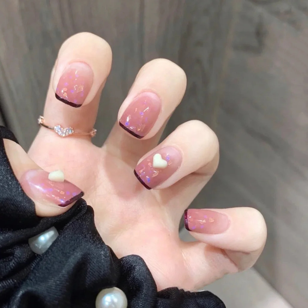 24pcs Small Floral Printed False Nails Patch Glue Type Short Paragraph Fashion Manicure Natural Artificial Ballerina Fake Nails-Nail Inspo