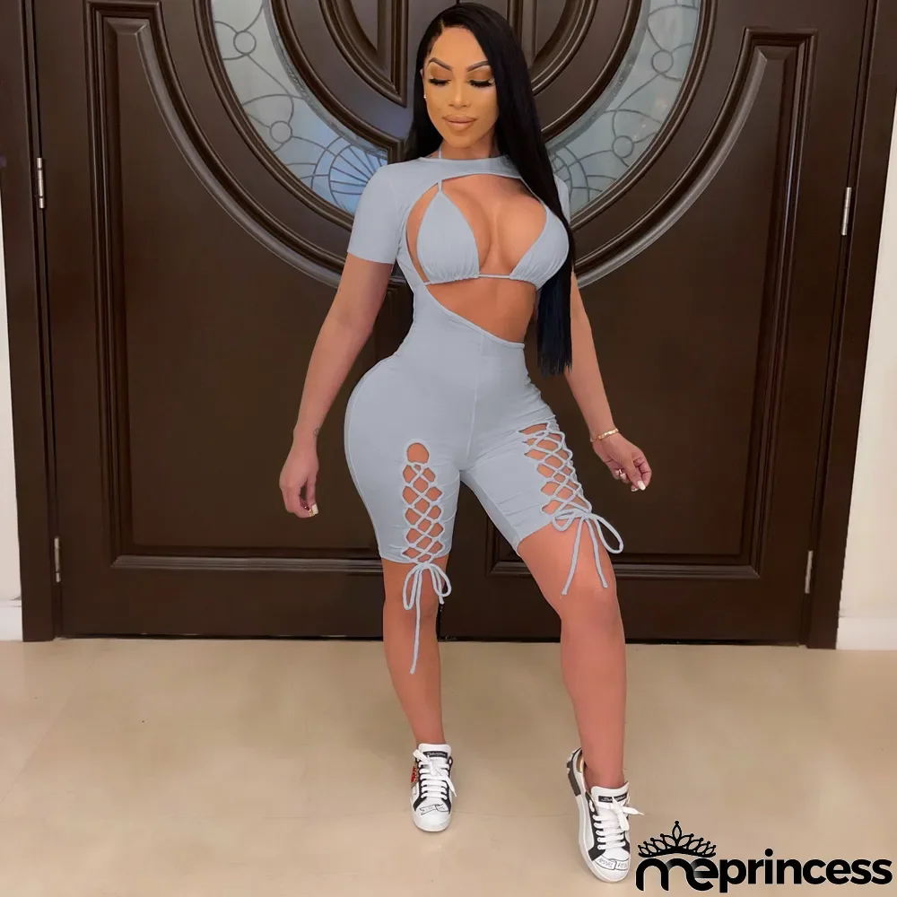 Sexy Short Sleeve Tie-up Romper And Bra Two Piece Sets