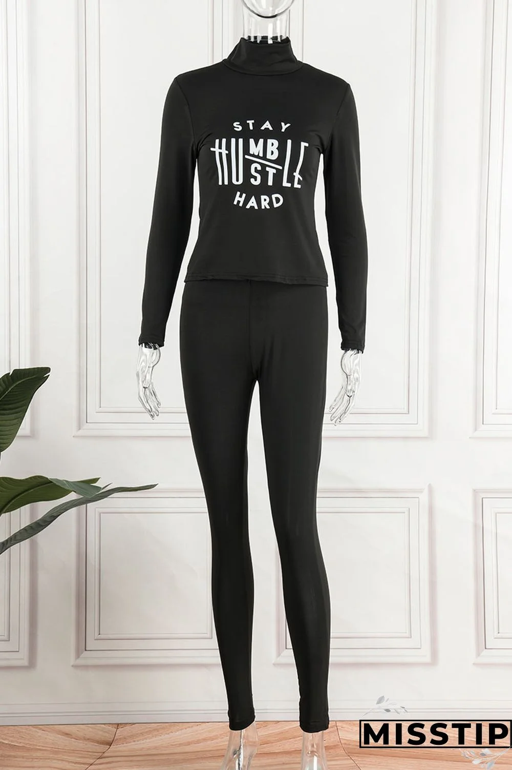 Blue Casual Sportswear Print Patchwork Turtleneck Long Sleeve Two Pieces