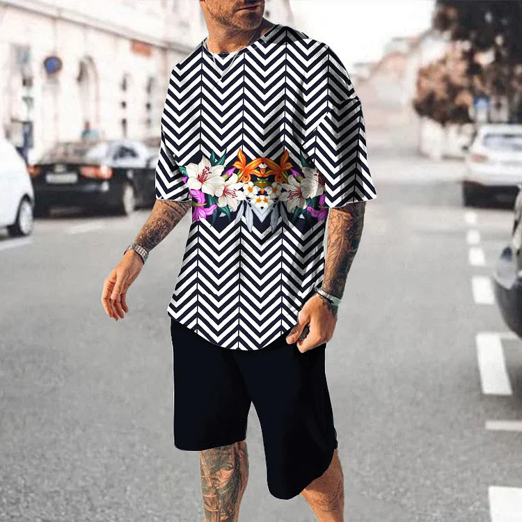 BrosWear Casual Floral Stripe Print Crew Neck T-Shirt And Shorts Co-Ord
