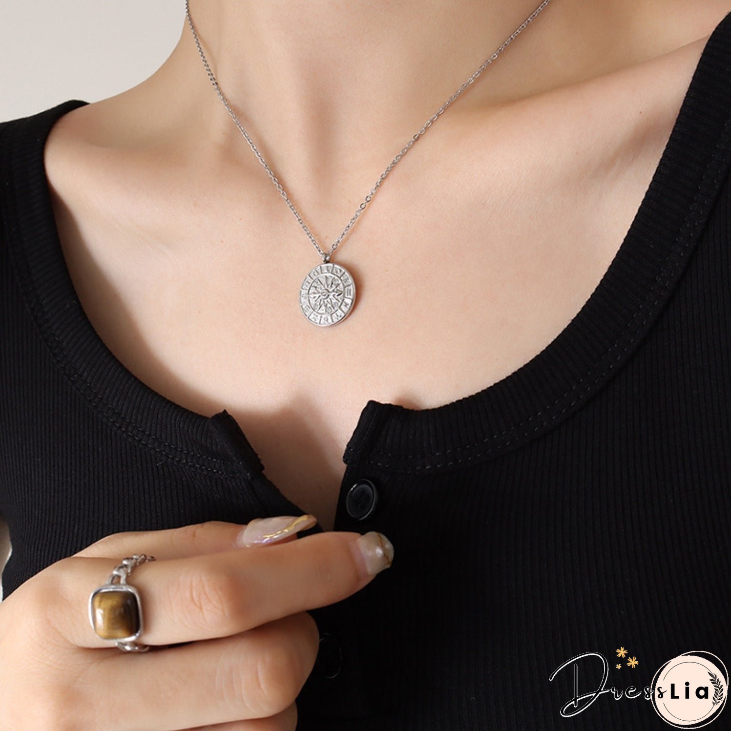 Zircon Titanium Steel Timepiece Shape Necklace