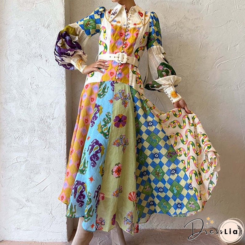 Women's Sleeve Printing Lapel Long Sleeves Large Dresses