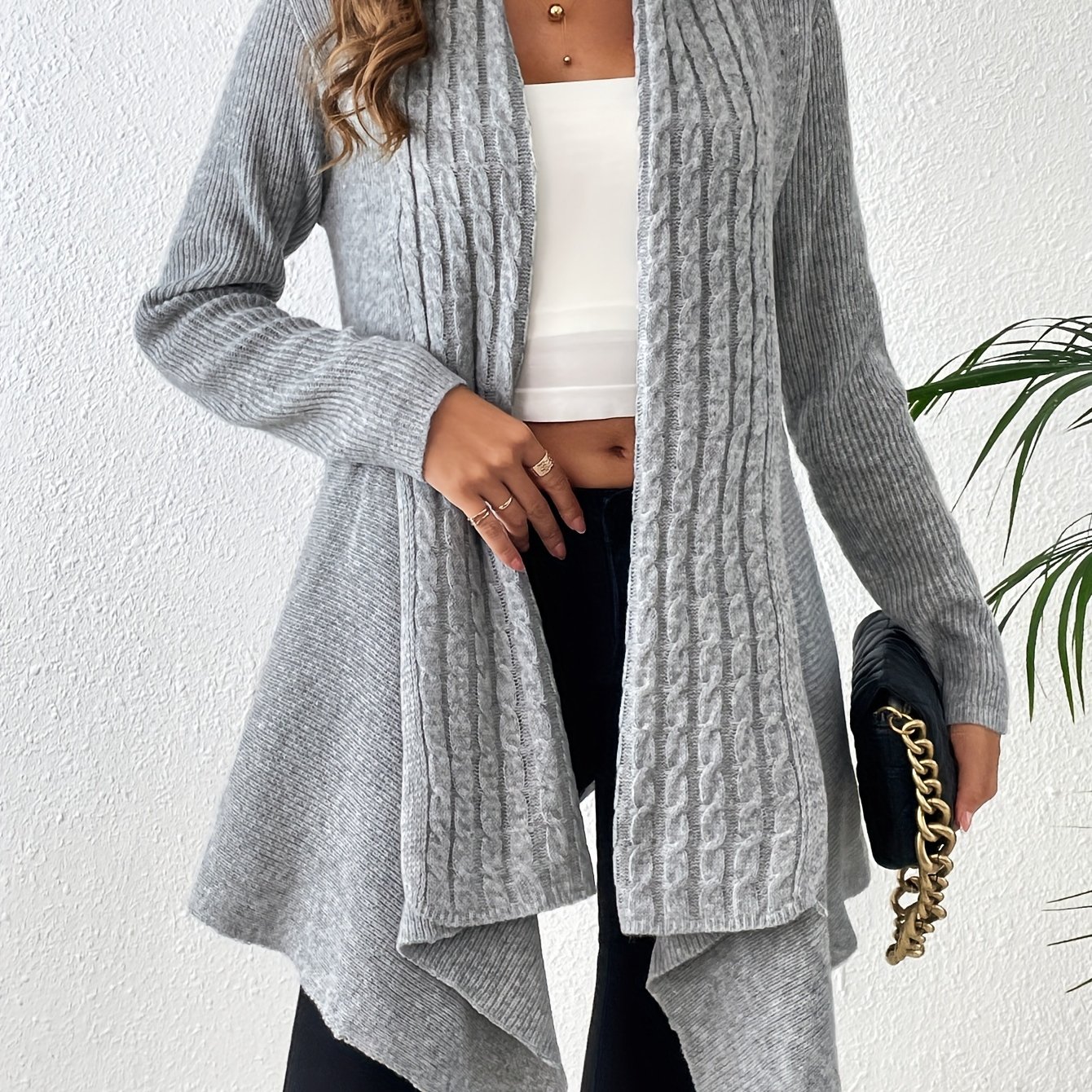 Solid Open Front Cable Knit Cardigan, Casual Asymmetrical Hem Long Sleeve Sweater, Women's Clothing