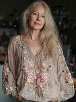 Bohemian Pink Rose Embroidered Casual Cotton And Linen Long-sleeved Top