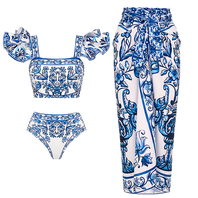 Ruffle Blue and White Porcelain Pattern Majolica Print Bikini Swimsuit and Skirt or Sarong(Shipped on Jan 15th)