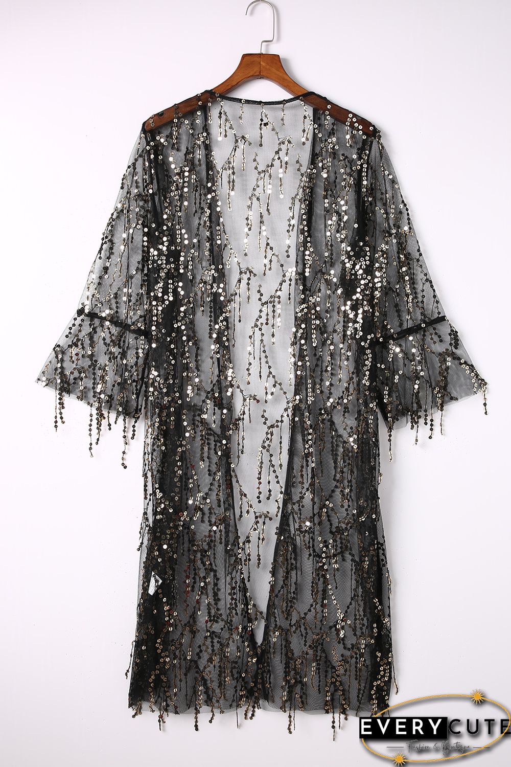Black 3/4 Bell Sleeve Sequin Sheer Kimono