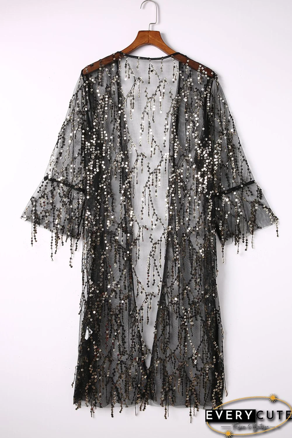 Black 3/4 Bell Sleeve Sequin Sheer Kimono
