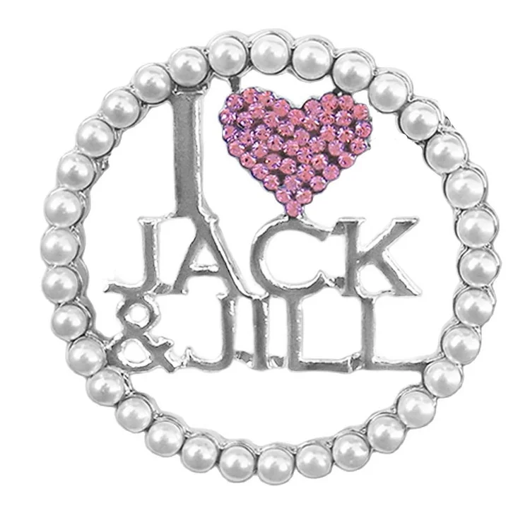 Metal Round Circle Shape Pearl Pink Crystal Inlay I Love Heart Greek Social Letters Jack And Jill Brooch JJ Pin Jewelry