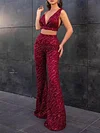Seep V-Neck Sequined Backless High-Waisted Wide Leg Two-Piece Suit
