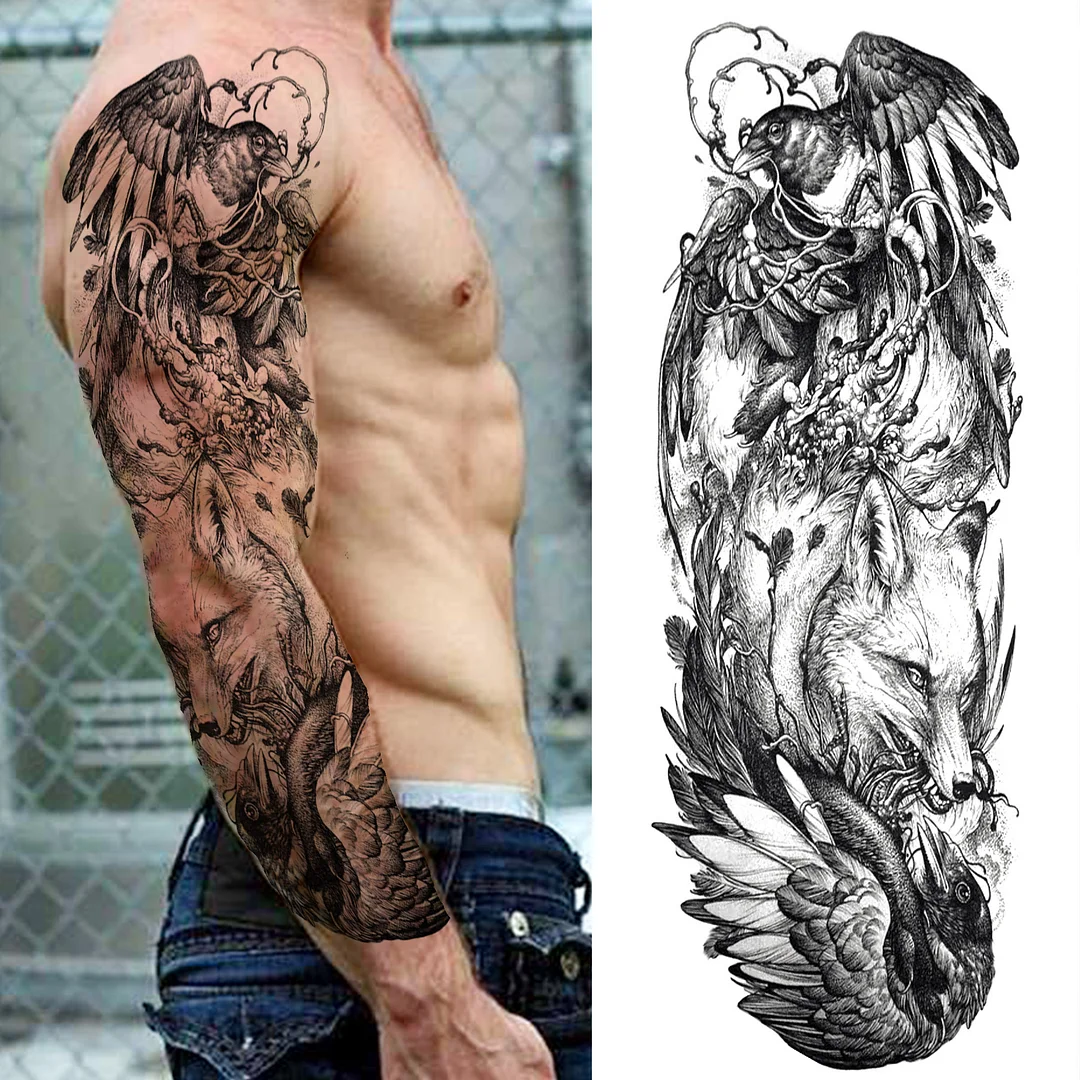 Sdrawing Eagle Wolf Temporary Tattoo Sleeve For Men Women Realistic Samurai Nun Shangdu Lion Fake Tattoo Sticker Big Full Arm Tatoo