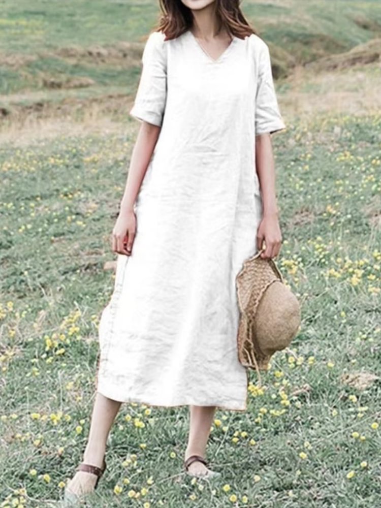 Vintage V-Neck Half-Sleeve Midi Dress