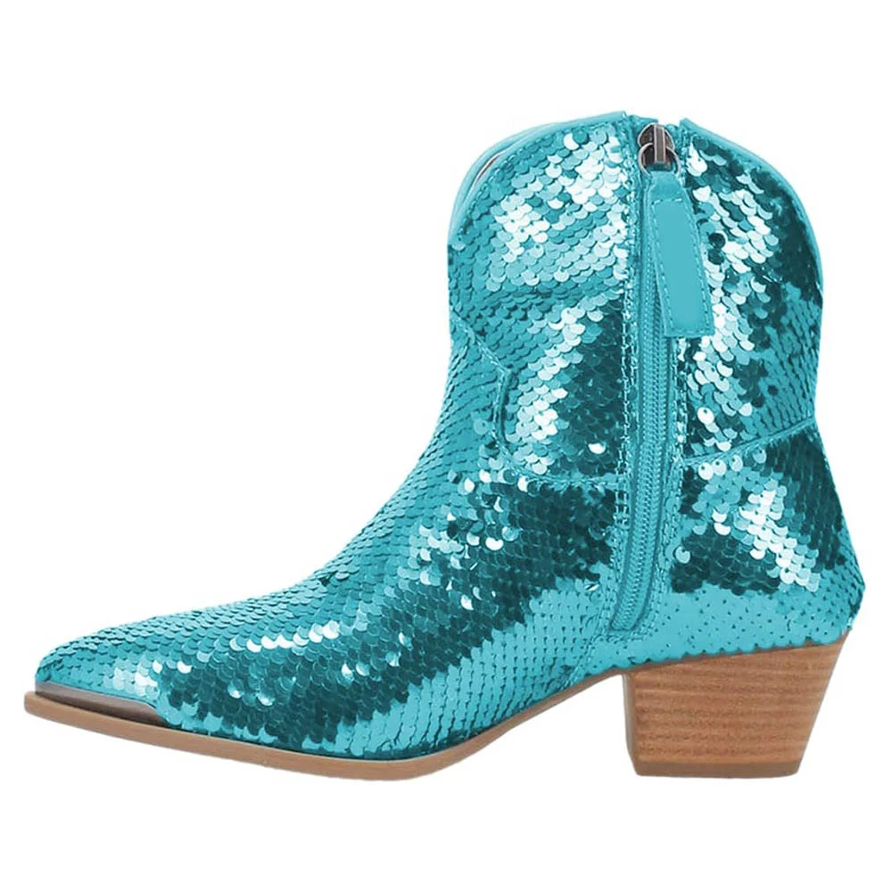 Sparkly Teal Snip Toe Chunky Heel Side Zipper Sequin Cowboy Boots