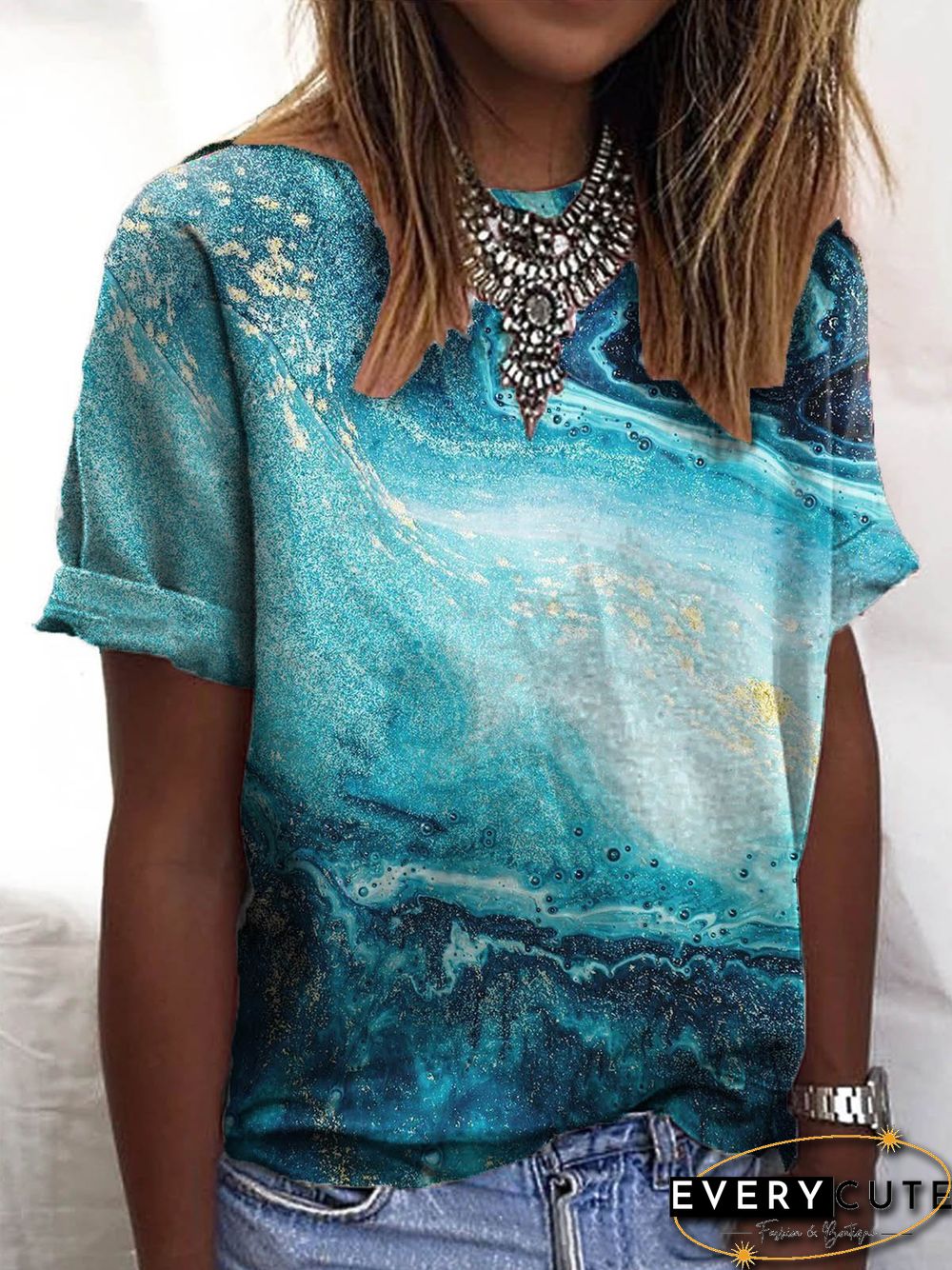 Floral-Print Short Sleeve Crew Neck Ombre/tie-Dye T-shirt