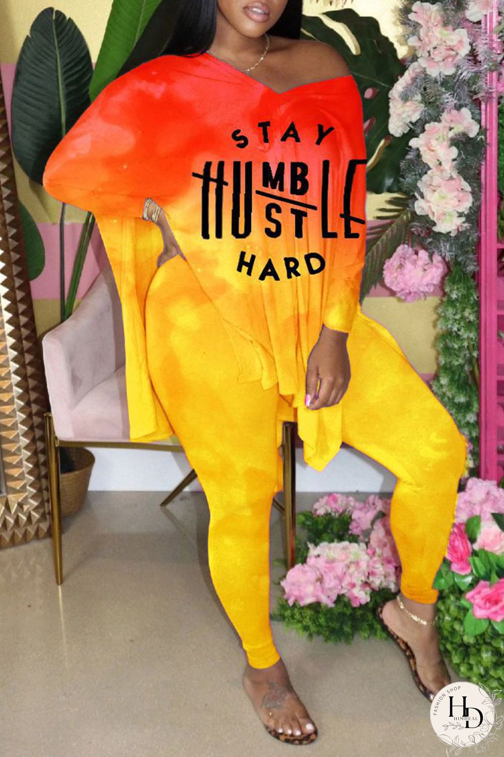 Yellow Fashion Casual Gradual Change Letter Print Slit V Neck Plus Size Two Pieces