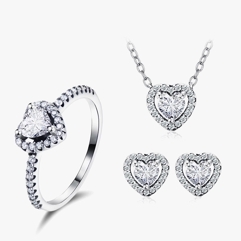 925 Sterling Silver Plating Inlay Heart Shape Zircon Rings Earrings Necklace