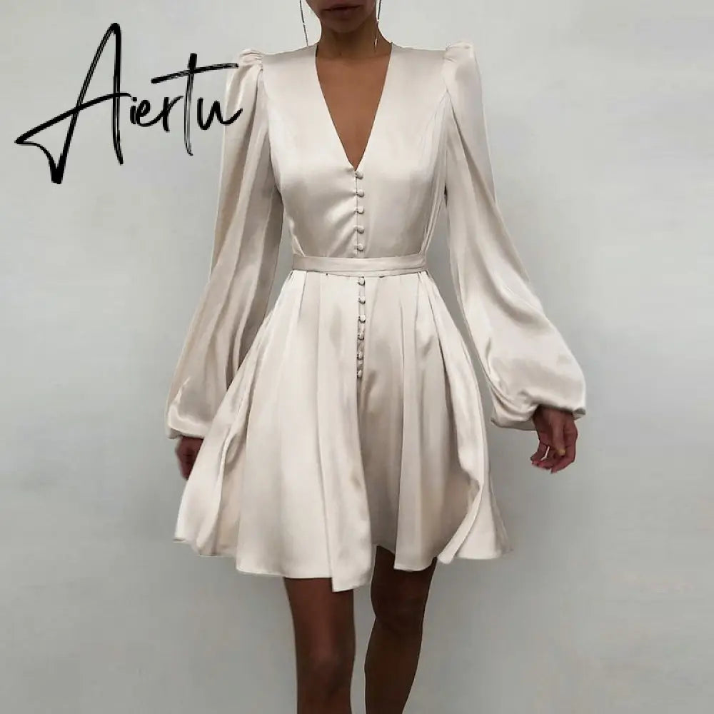 Aiertu Women Silk Dress Celmia Satin Mini Robe Summer Elegant Party Wrap Evening Dress Long Lantern Sleeve V Neck Solid Vestidos Aiertu