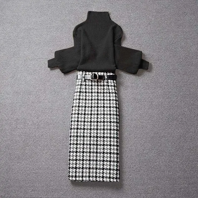 Mid-length skirt suit women 2021 autumn and winter new fashion lantern sleeve sweater houndstooth bag hip skirt two-piece suit