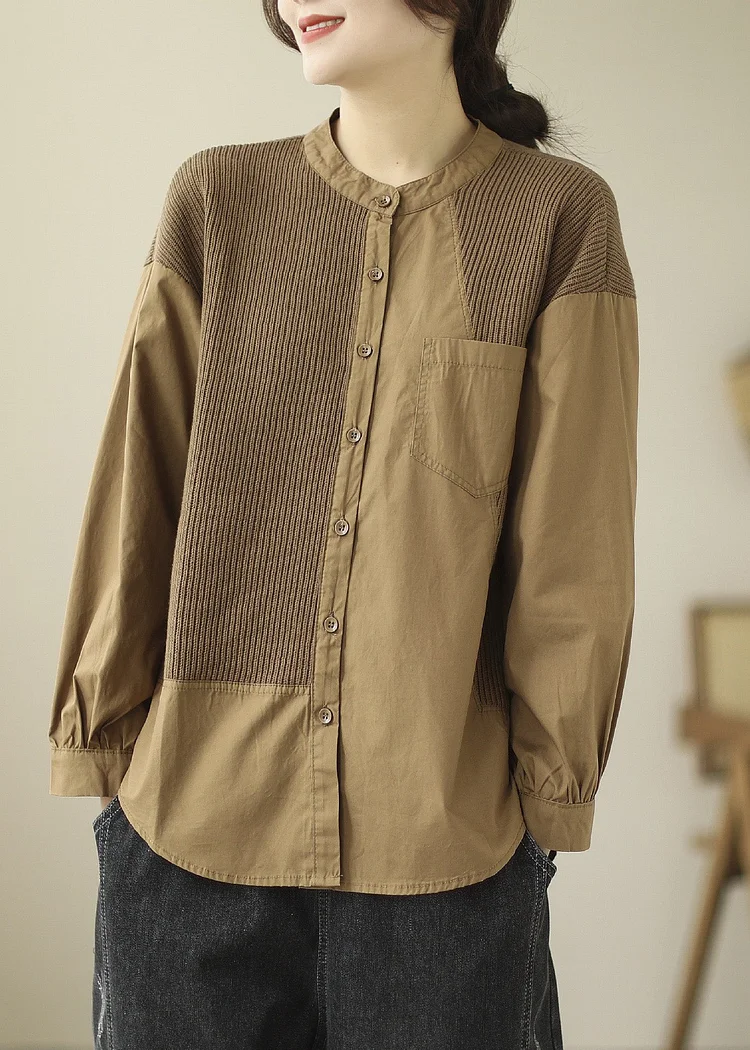 French Khaki Knit Patchwork Cotton Shirt Spring