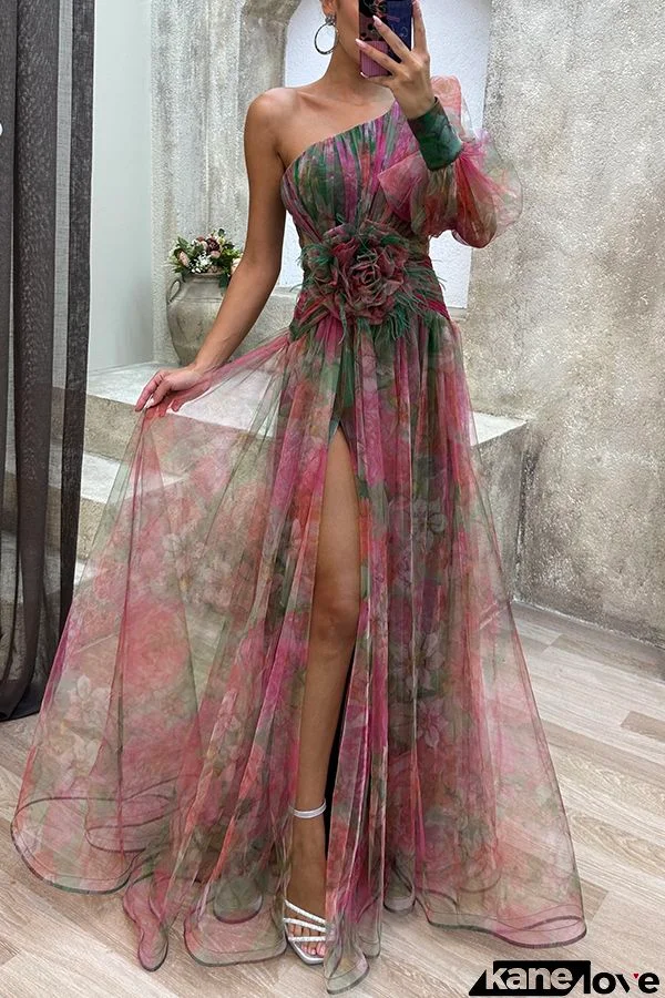 Picturesque Beauty Tulle Floral Pleated One Shoulder Sleeve Slit Maxi Dress