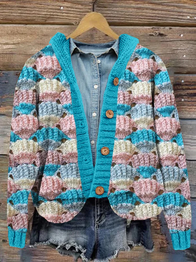 Shell Knit Pattern Vintage Cozy Hooded Cardigan