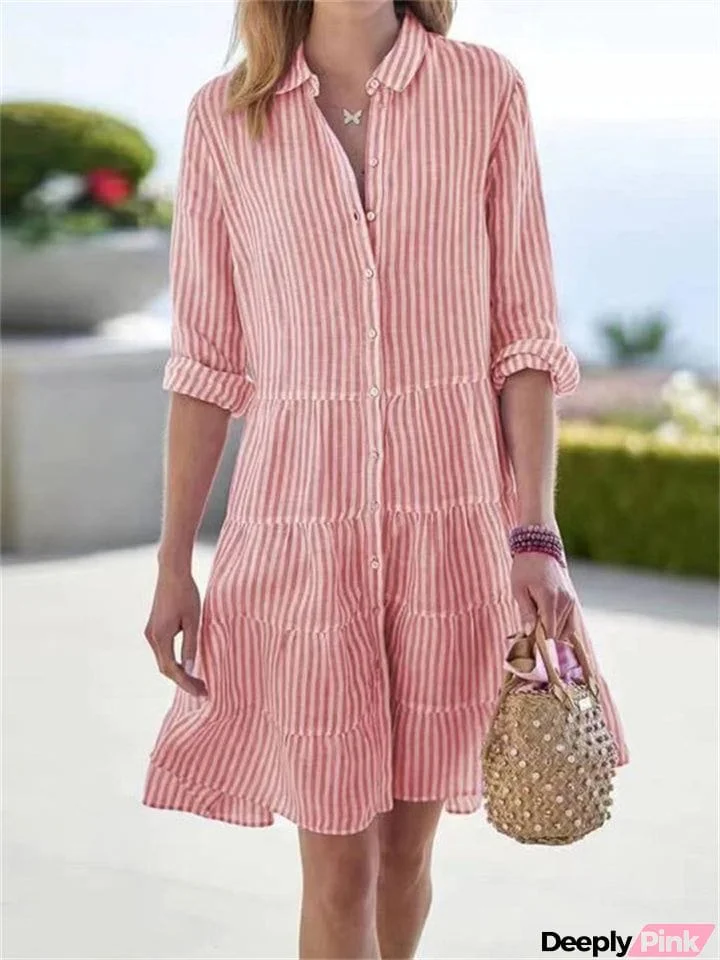 Women's Leisure Striped Lapel Button Down Dress