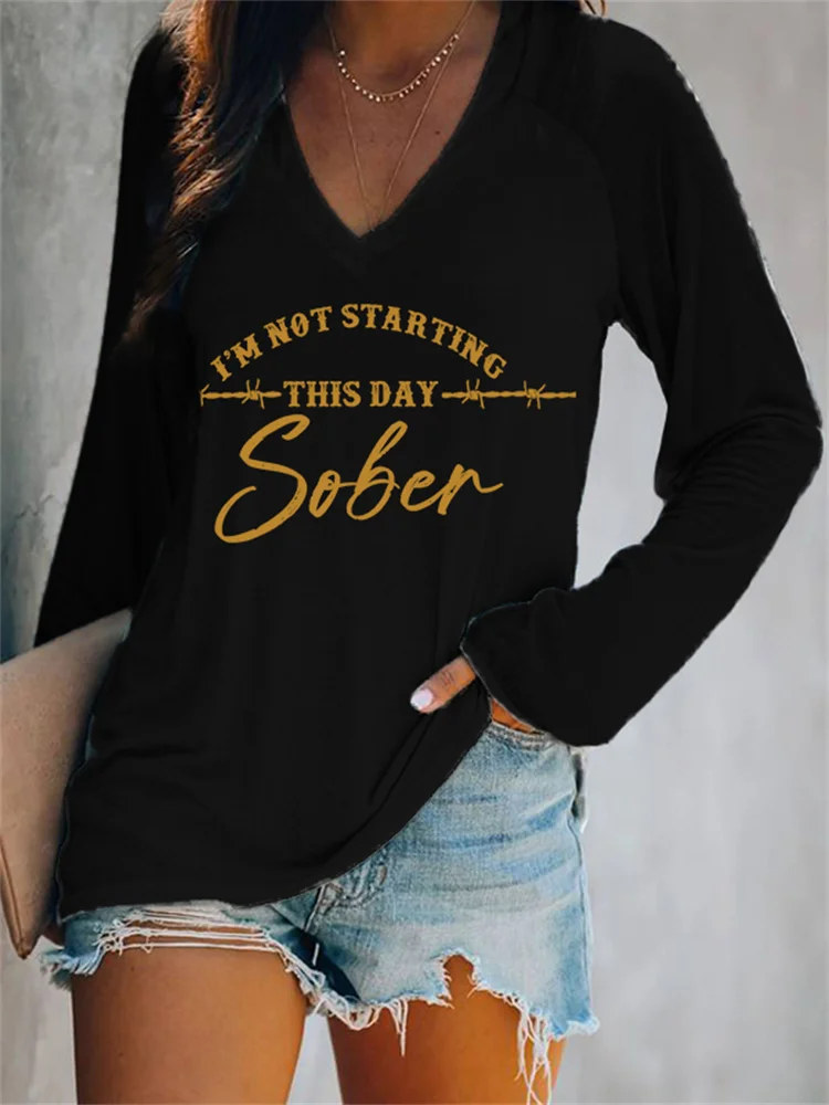 Western Quote Wire Print V Neck Long Sleeve T Shirt