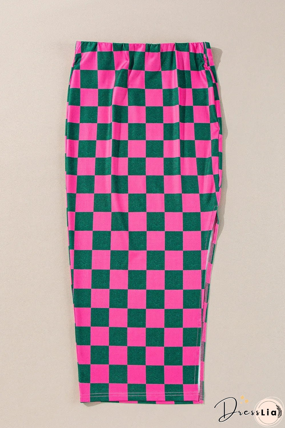 Rose Checkered Print Side Slit High Waist Midi Skirt