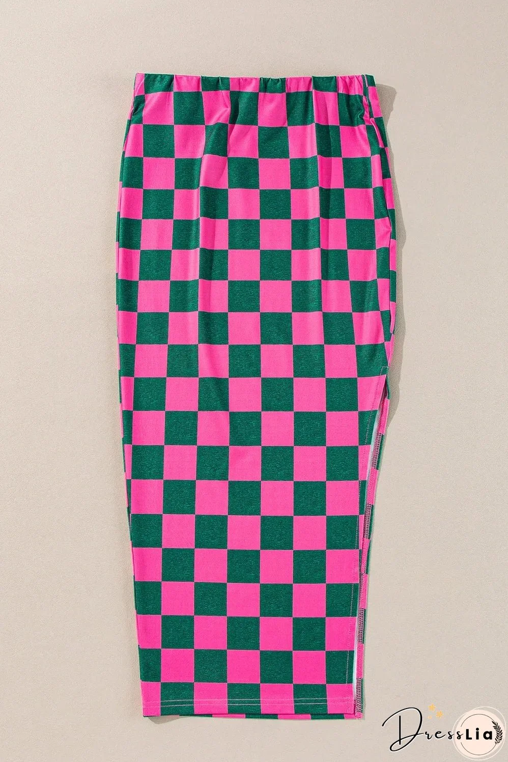 Rose Checkered Print Side Slit High Waist Midi Skirt