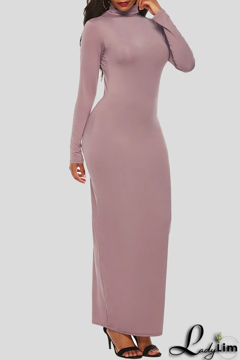 Black Fashion Casual Solid Basic Turtleneck Long Sleeve Dresses