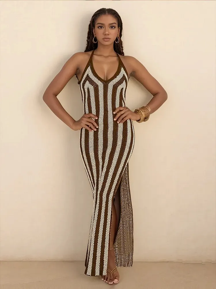 Slit Striped Halter Neck Dress
